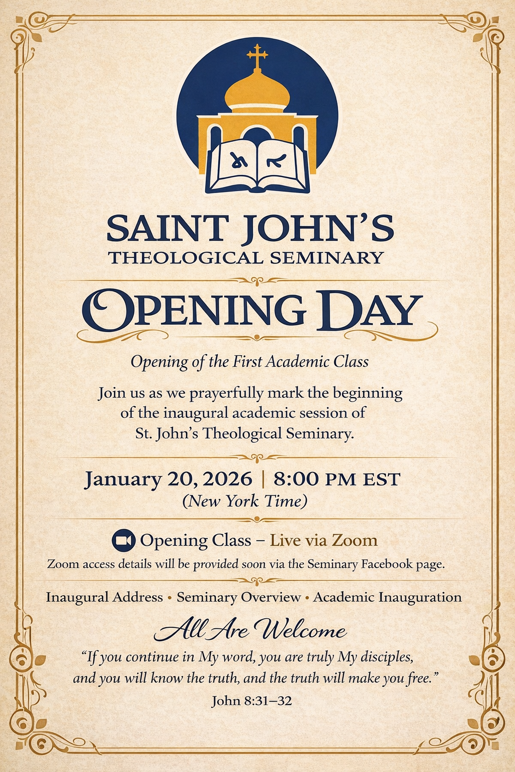 Saint John’s Theological Seminary to Hold Opening Day Ceremony on January 20, 2026